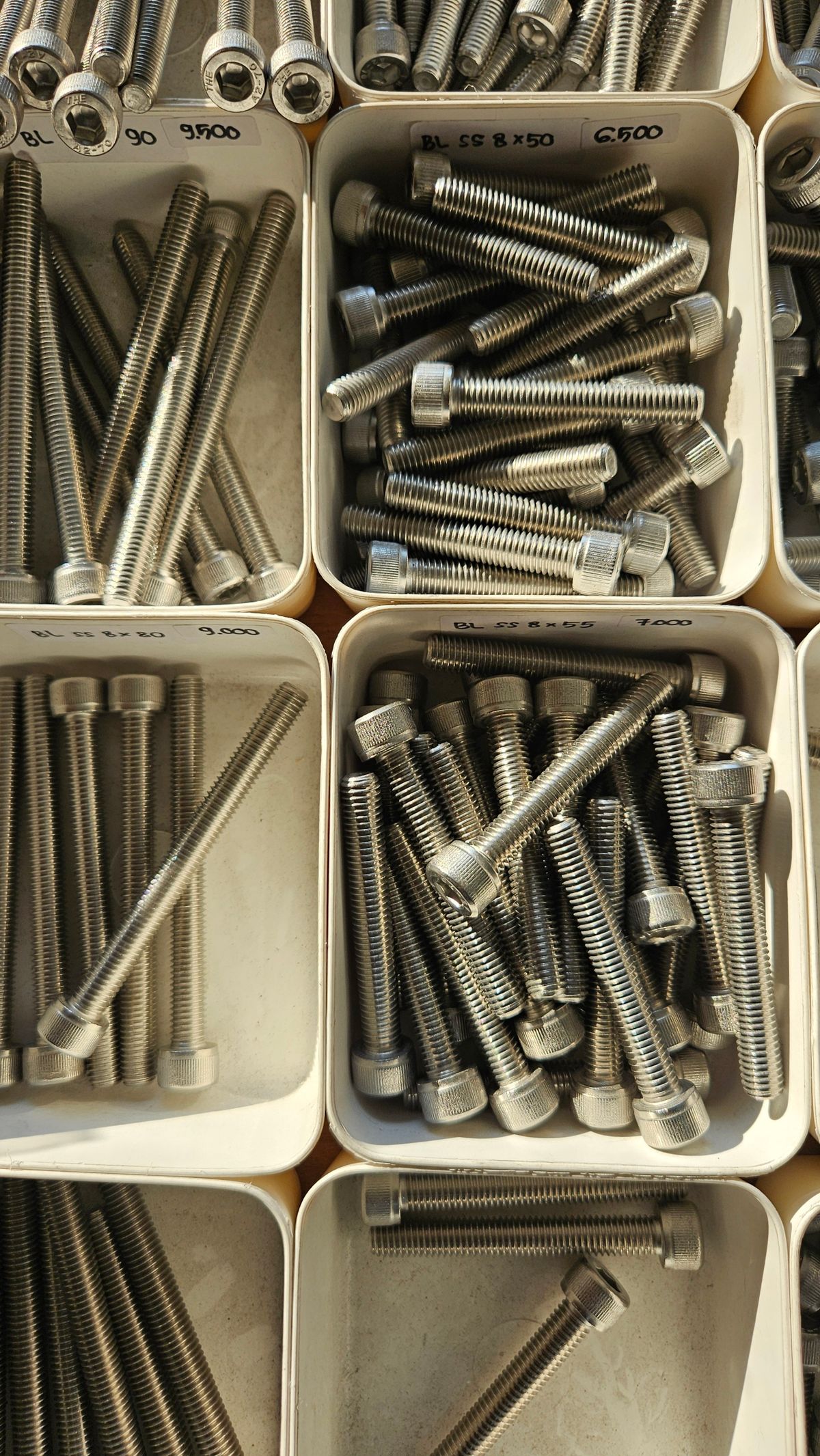 Organized bins of metal fasteners